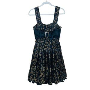 Jessica McClintock 90''s Size 6 Black Lace Over Beige Bow Pleated  A-Line‎ Dress